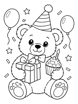 Free printable Birthday Teddy Bear With Gift And Cupcake coloring page