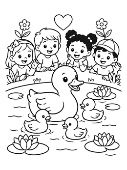 Free printable Children Watching Ducks In Pond coloring page