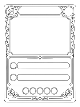 A decorative fantasy trading cards coloring page template with leaf borders and empty frames.