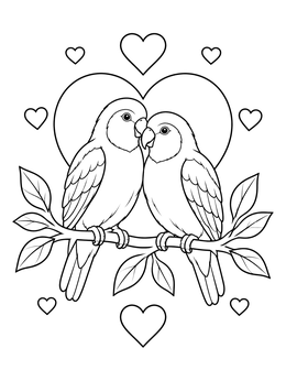 A sweet pair of lovebirds on a leafy branch on this decorative cards coloring page.