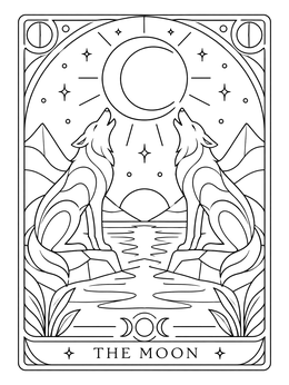 A decorative decorative paper cards coloring page featuring the moon tarot card with howling wolves.