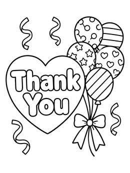 Free printable Thank You Heart With Festive Balloons coloring page