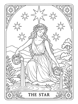 The Star tarot cards coloring page showing a graceful maiden pouring water beneath celestial stars.