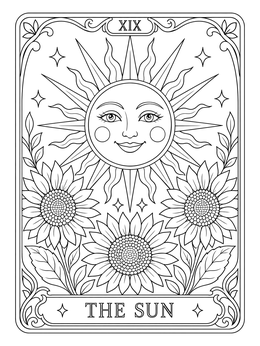 Tarot decorative cards coloring page showing The Sun with a smiling face above radiant sunflowers.
