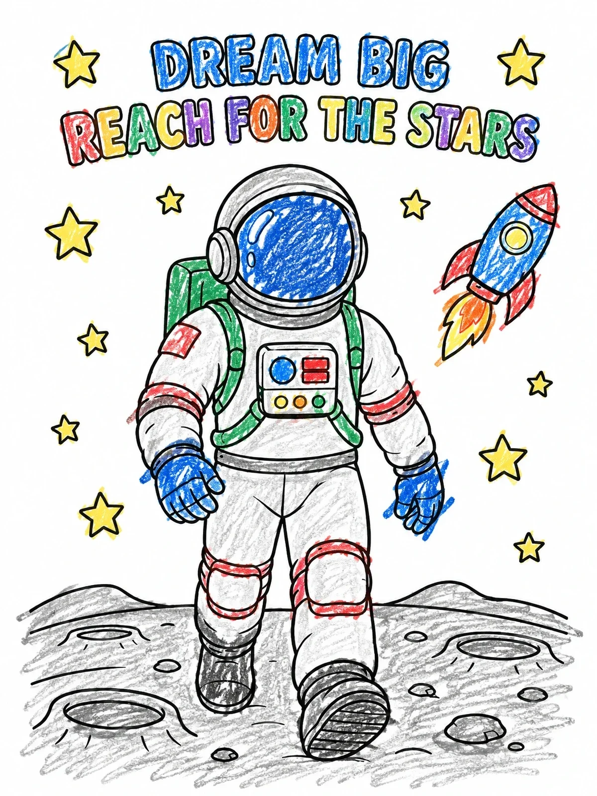 Colored example of the Astronaut Walking On The Moon Surface coloring page