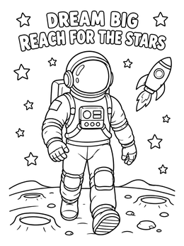 An astronaut walks on the lunar surface in this career coloring page featuring a rocket and stars.