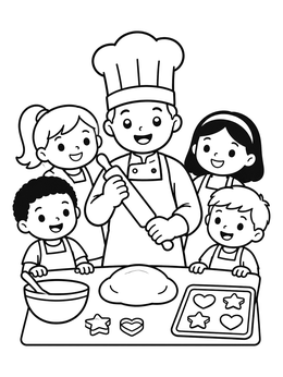 Free printable Baker Teaching Children Baking Cookies coloring page