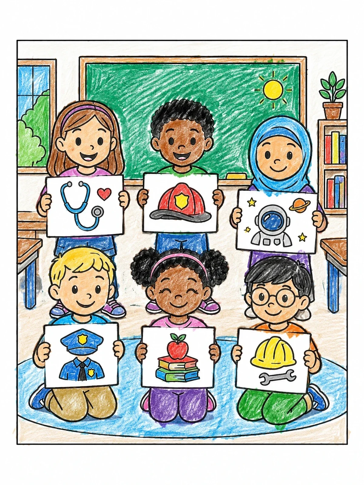 Colored example of the Children Showing Dream Job Drawings coloring page