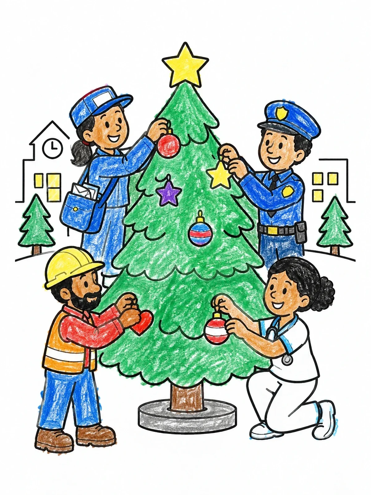 Colored example of the Community Helpers Decorating Christmas Tree coloring page