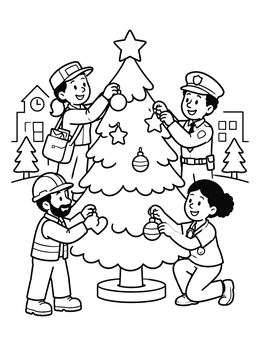 Community helpers decorate a holiday tree on this cheerful career coloring page.