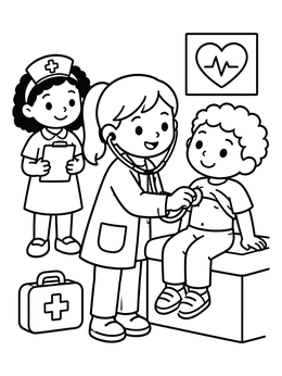 Little doctor checks boy's heartbeat in this career coloring page.