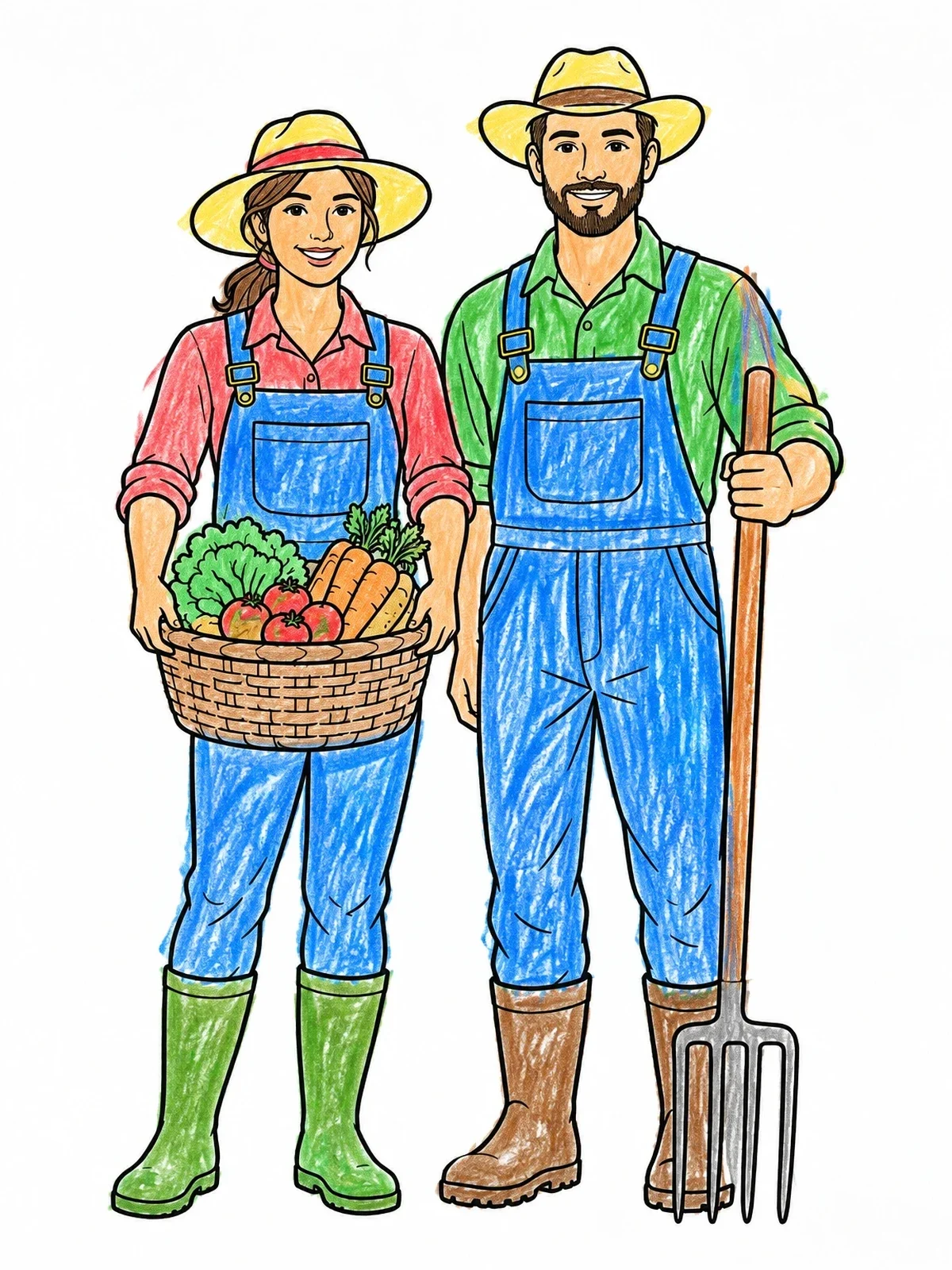 Colored example of the Farmers With Harvest Basket And Pitchfork coloring page