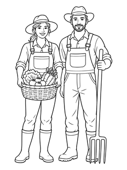 A career coloring page showing two farmers holding fresh vegetables and a pitchfork.