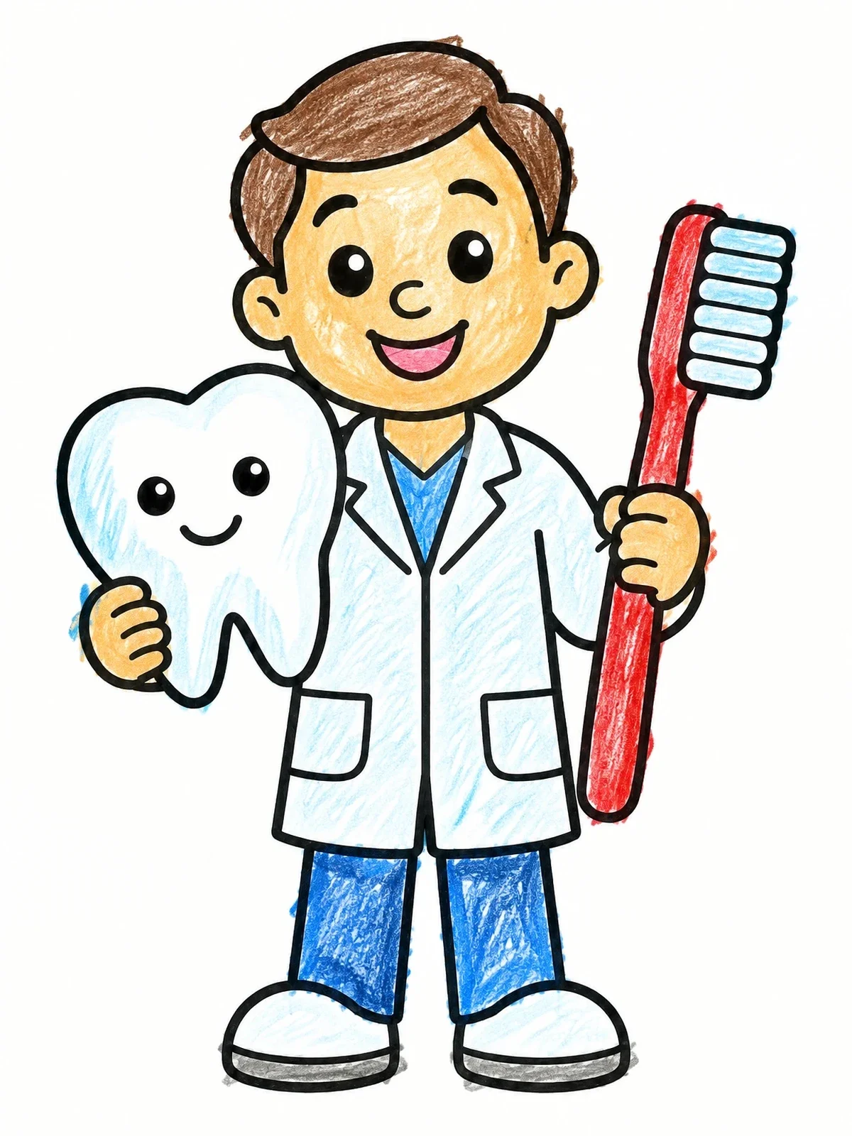 Colored example of the Friendly Dentist With Tooth And Brush coloring page