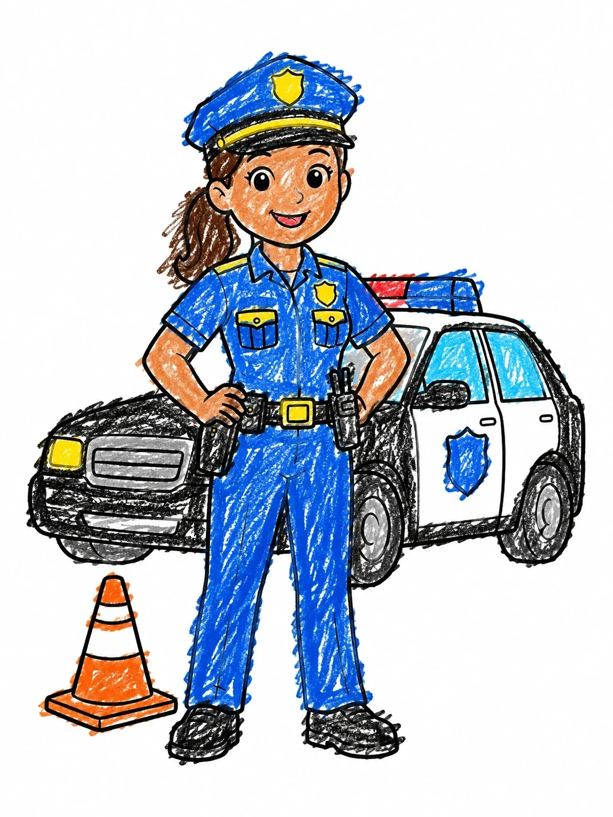 Colored example of the Friendly Female Police Officer And Patrol Car coloring page