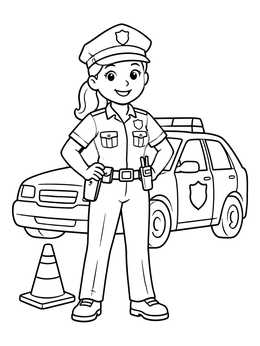 Free printable Friendly Female Police Officer And Patrol Car coloring page