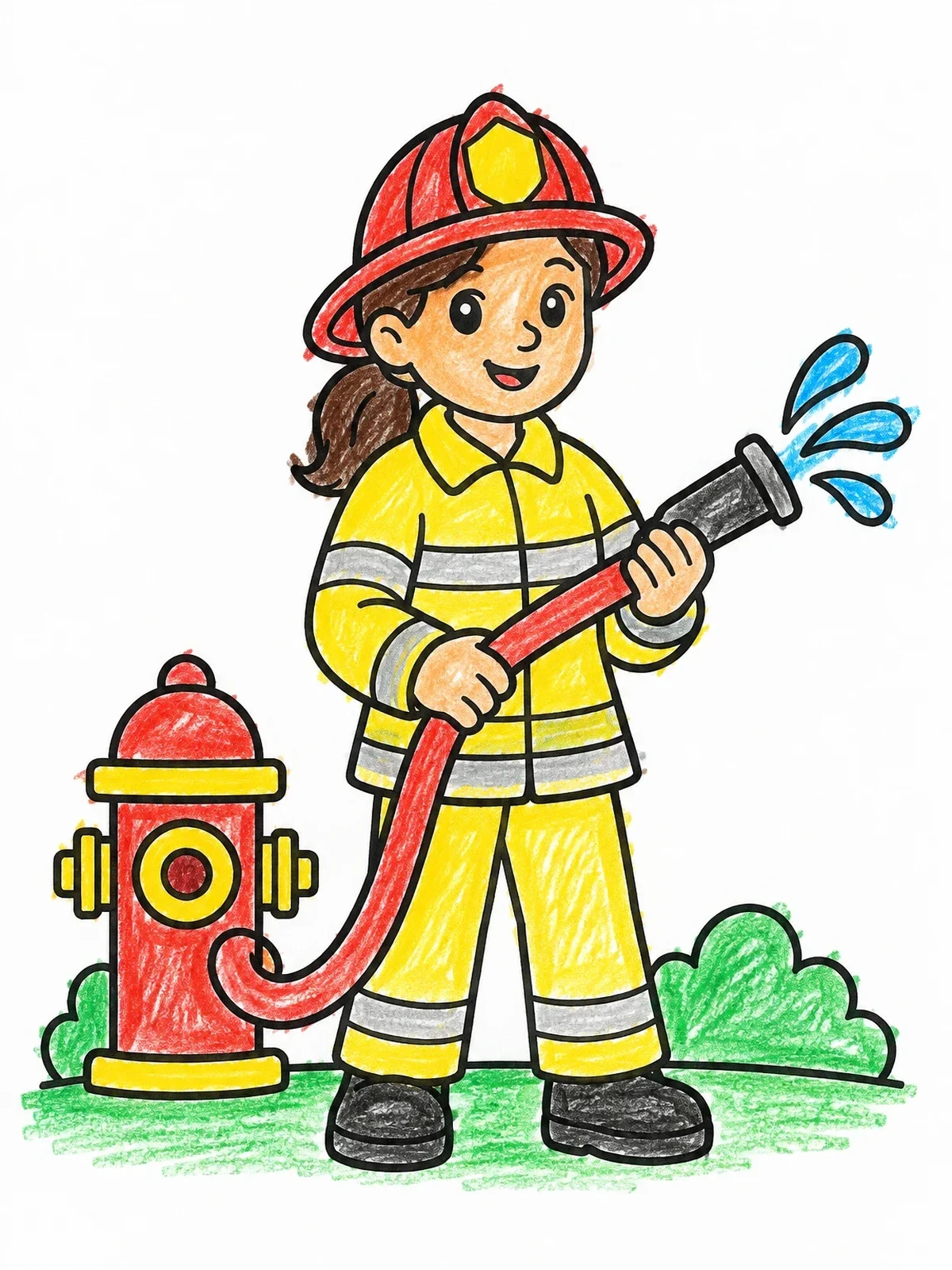 Colored example of the Friendly Firefighter With Water Hose coloring page
