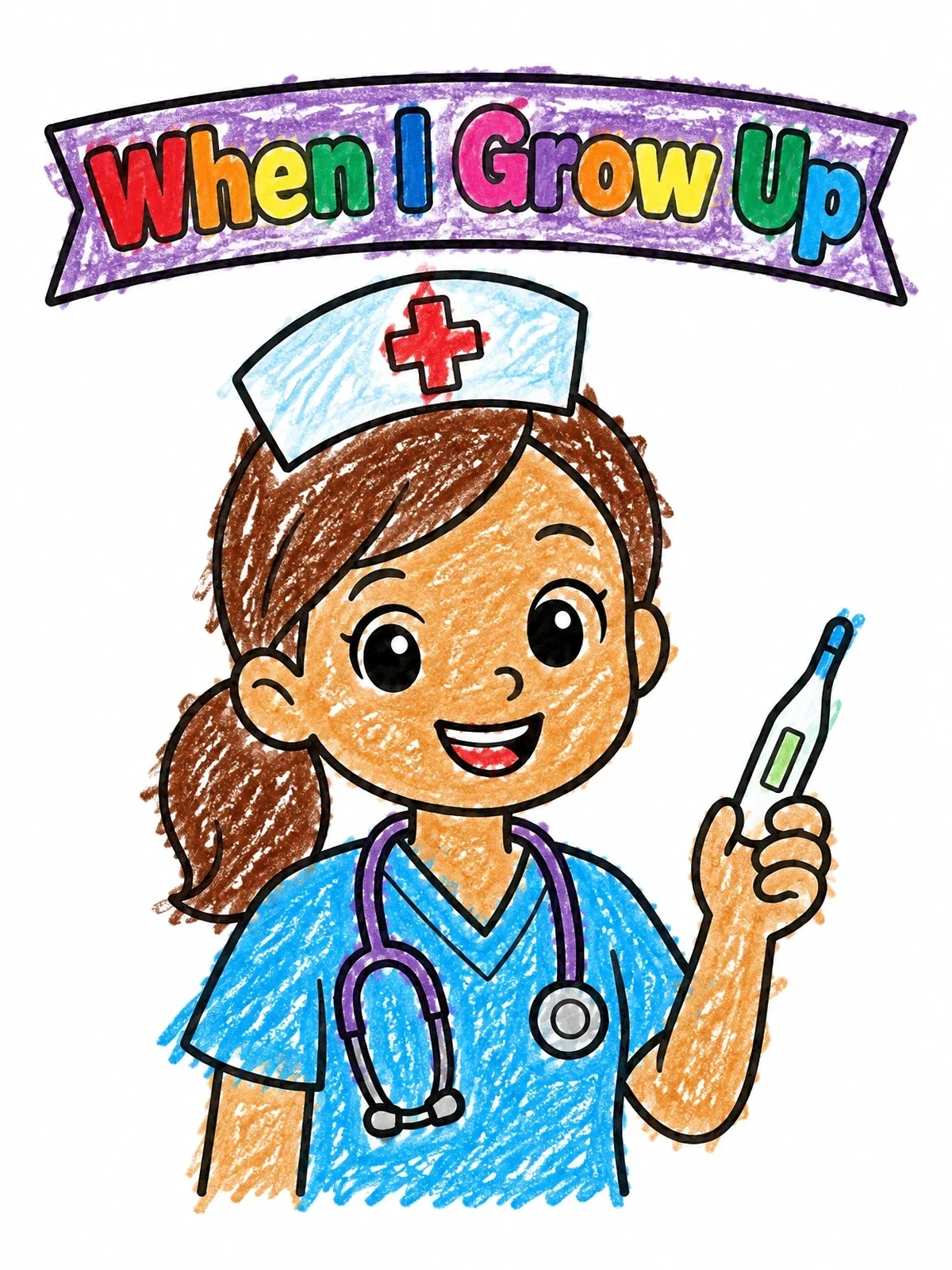 Colored example of the Friendly Nurse With Thermometer coloring page