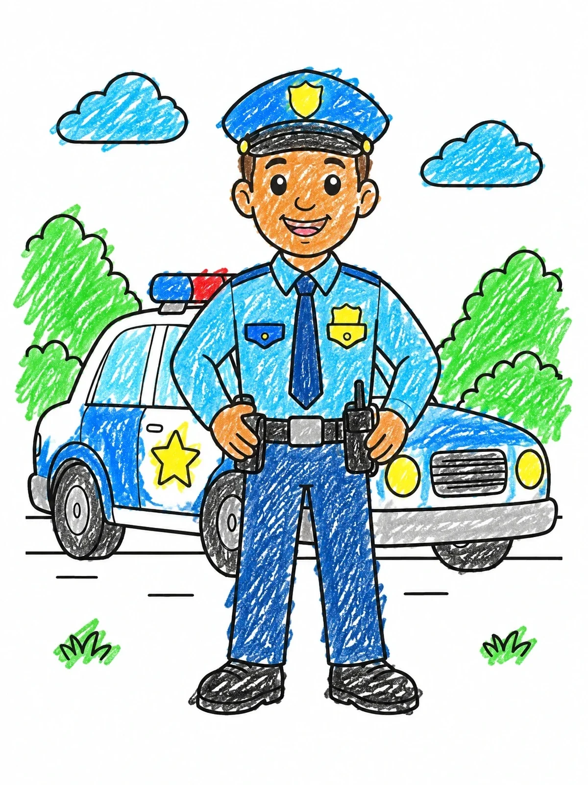 Colored example of the Friendly Police Officer And Patrol Car coloring page