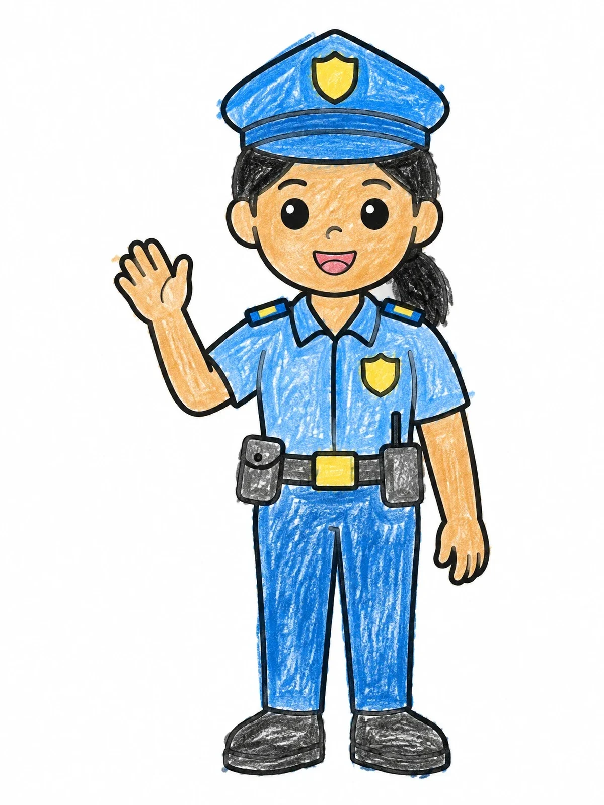 Colored example of the Friendly Police Officer Waving coloring page