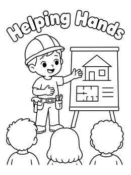A young builder presents house plans on this career coloring page.