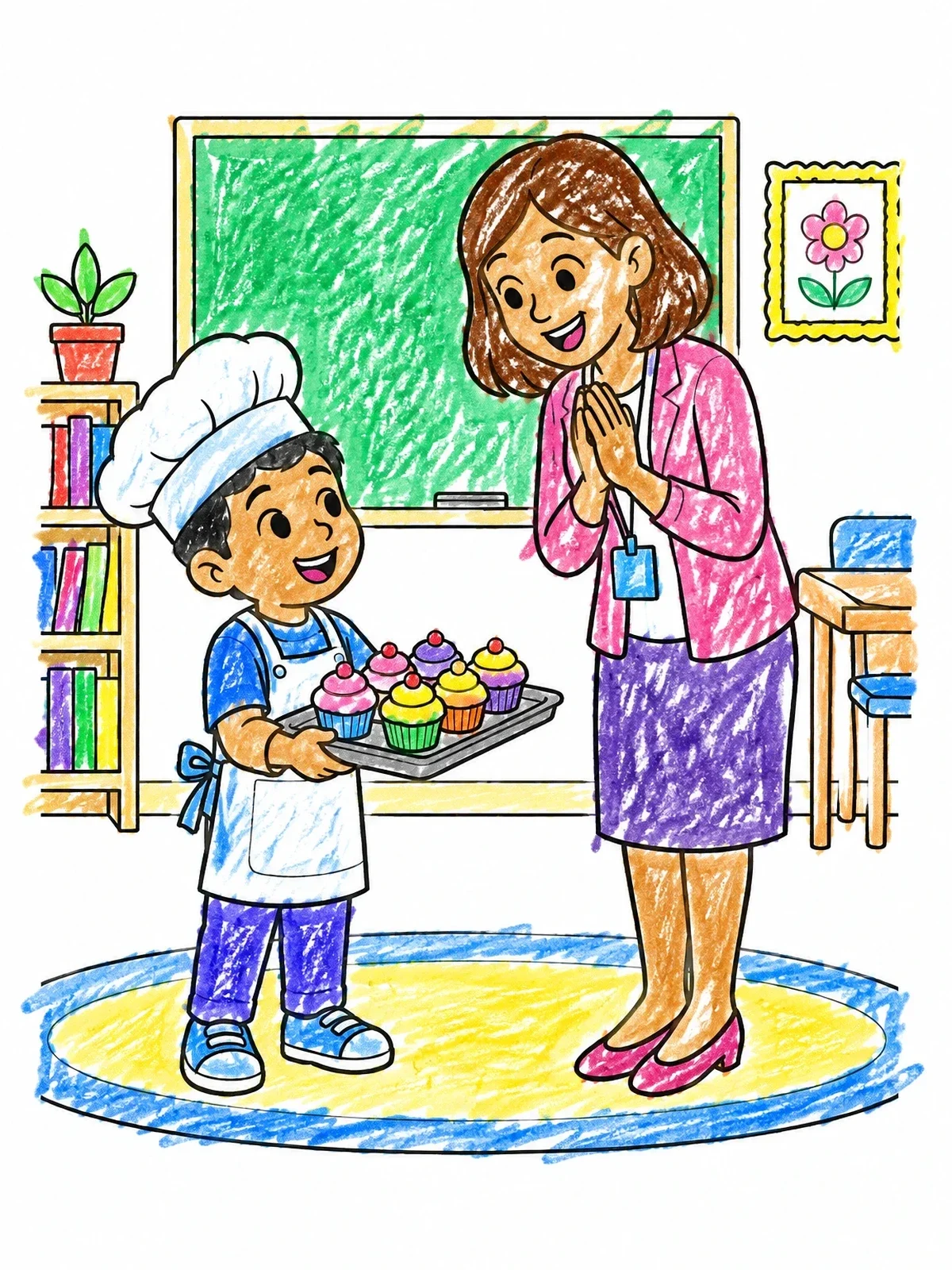Colored example of the Little Chef And Proud Teacher coloring page