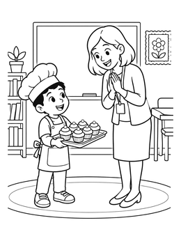 A career coloring page showing a boy dressed as a chef presenting cupcakes to his teacher.
