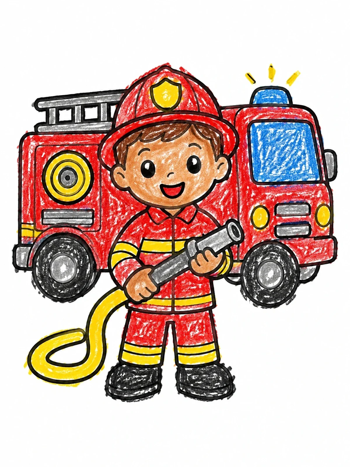 Colored example of the Little Firefighter With Fire Engine coloring page
