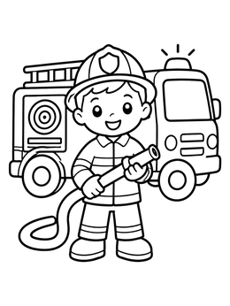 Free printable Little Firefighter With Fire Engine coloring page