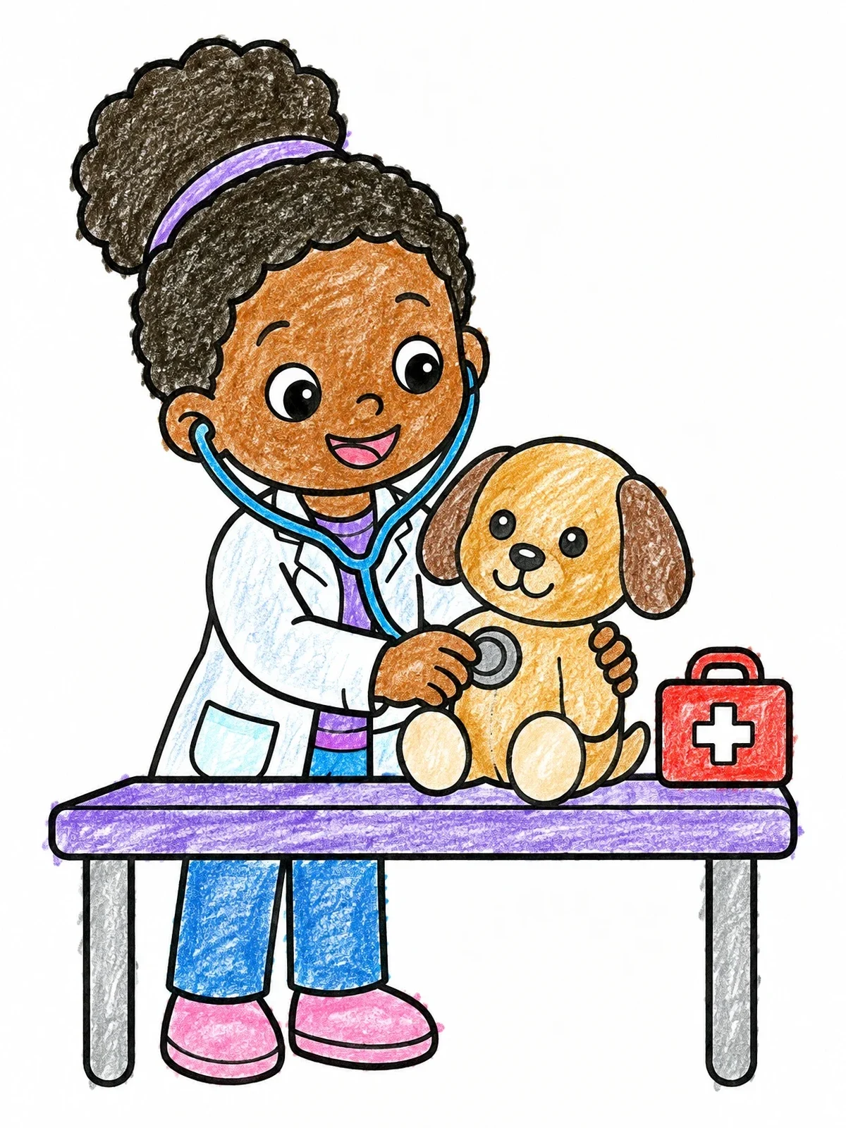 Colored example of the Little Veterinarian Examining A Puppy coloring page