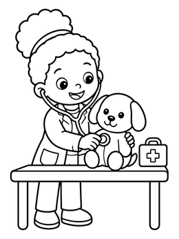 A cheerful young girl checks a cute puppy with a stethoscope on this career coloring page.