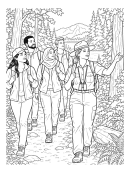 A friendly park ranger guiding a hiking group through tall woods in this career coloring page.