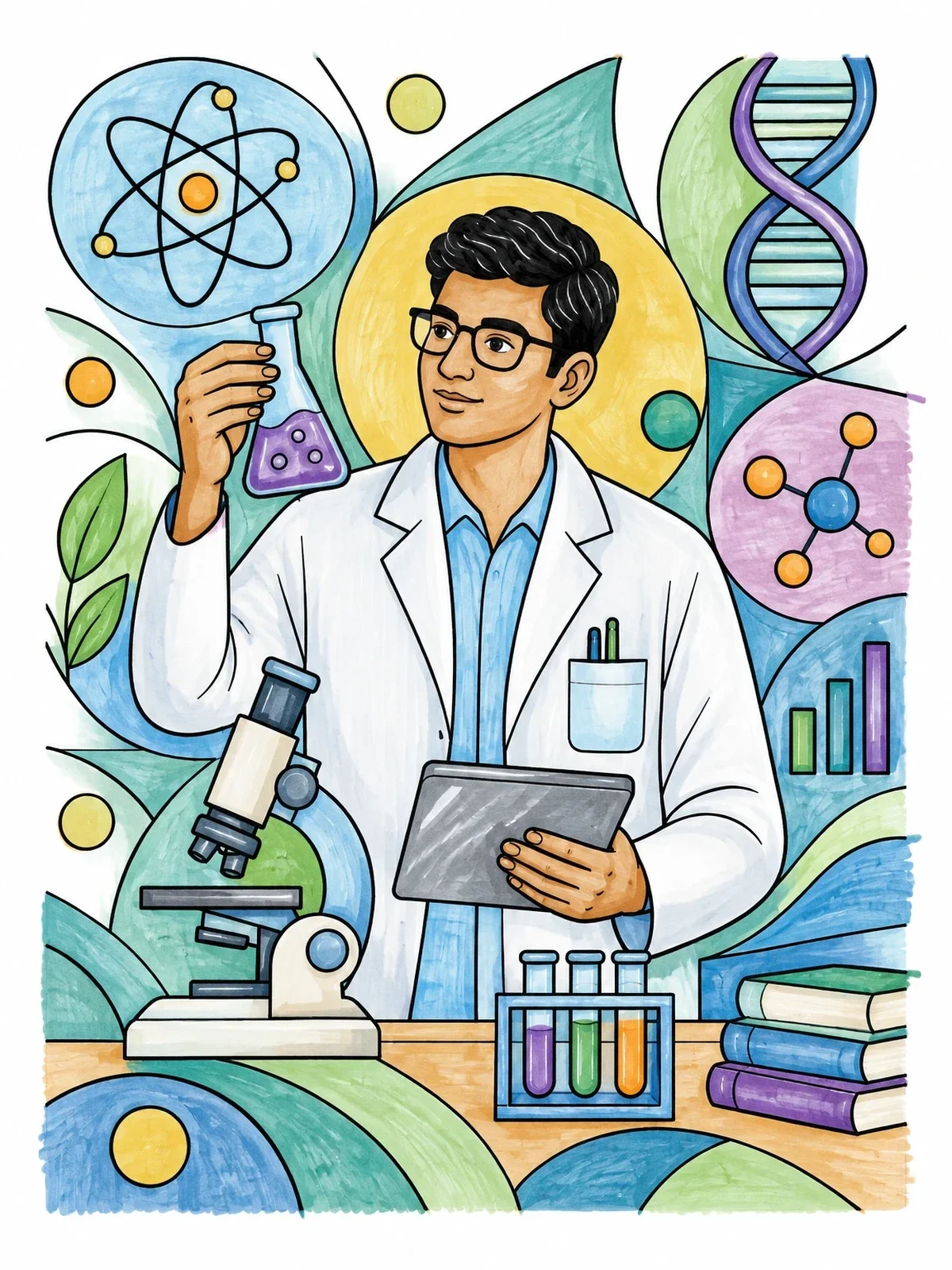 Colored example of the Scientist In Laboratory With Equipment coloring page