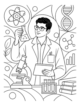 A scientist examines a flask in this career coloring page surrounded by scientific symbols.