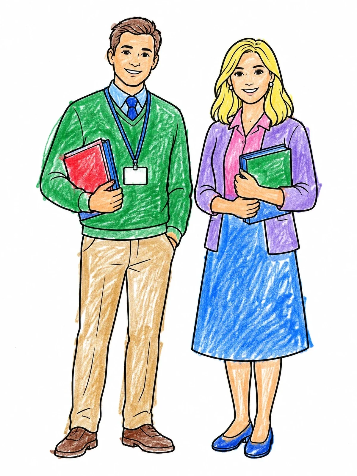 Colored example of the Smiling Teachers Holding Books coloring page