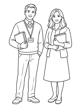 Male and female educators stand together in this career coloring page.