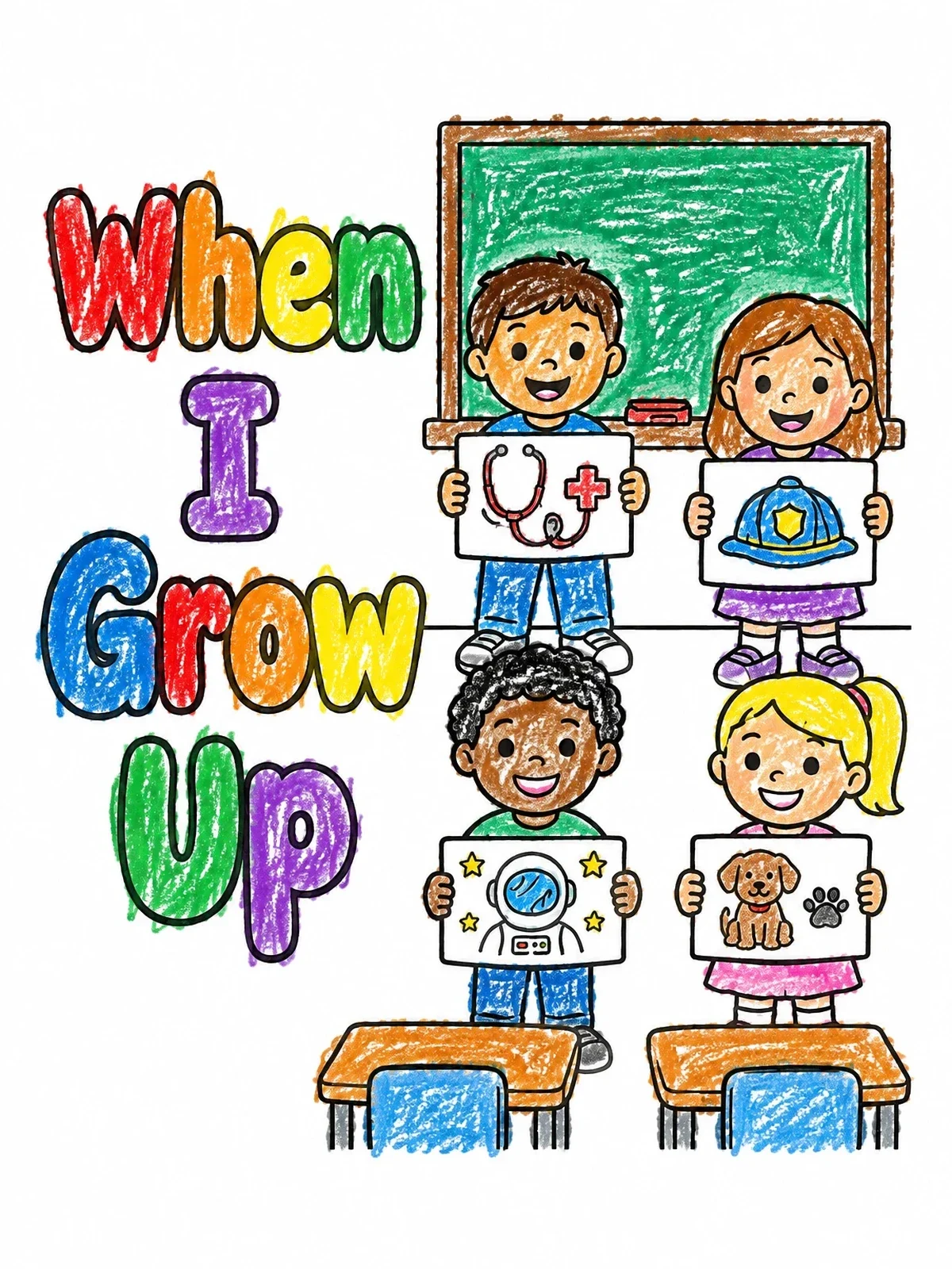 Colored example of the When I Grow Up Classroom Dreams coloring page