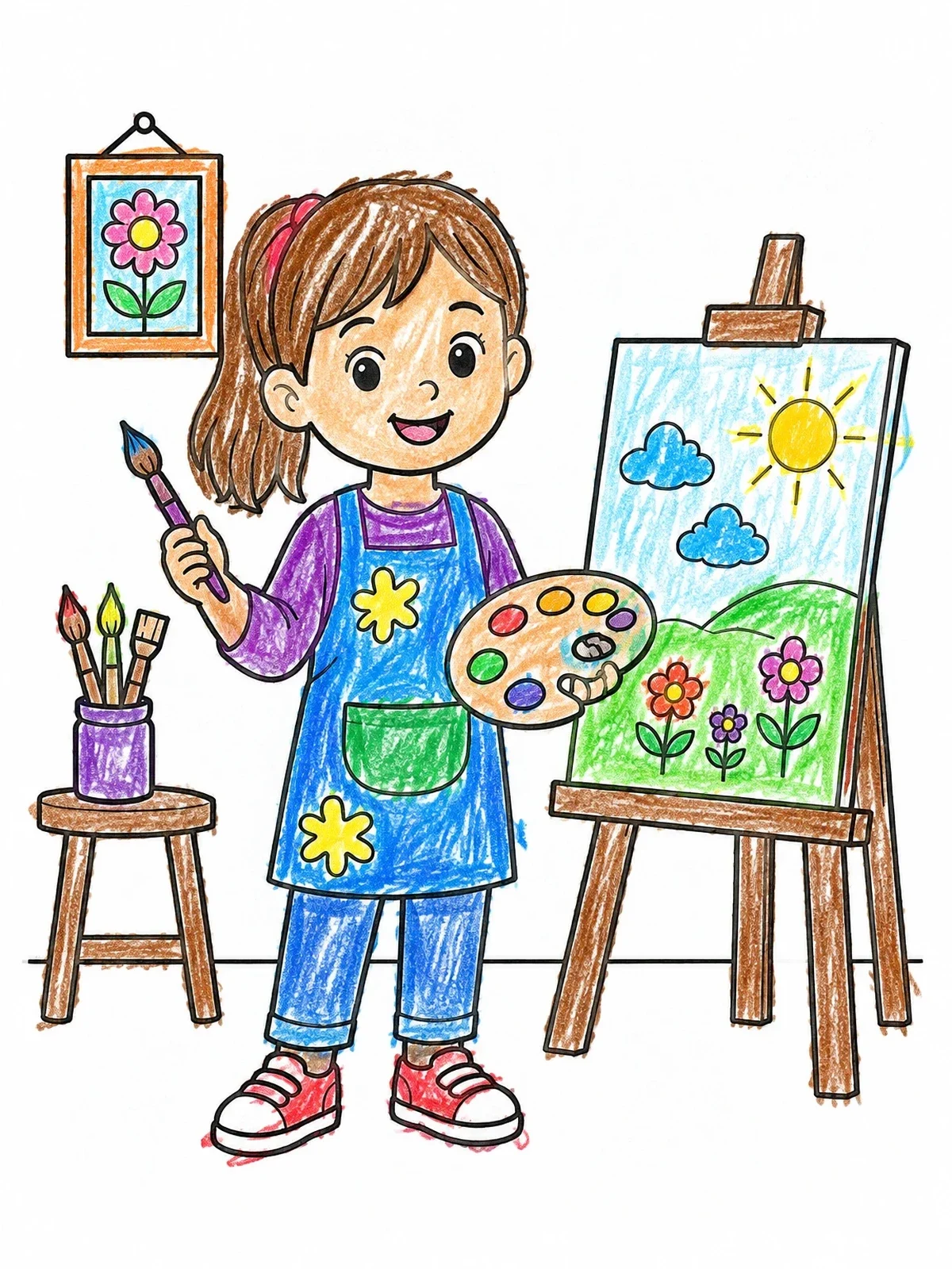 Colored example of the Young Artist At The Easel coloring page
