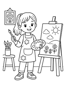 A cheerful young girl painting by an easel in this career coloring page.