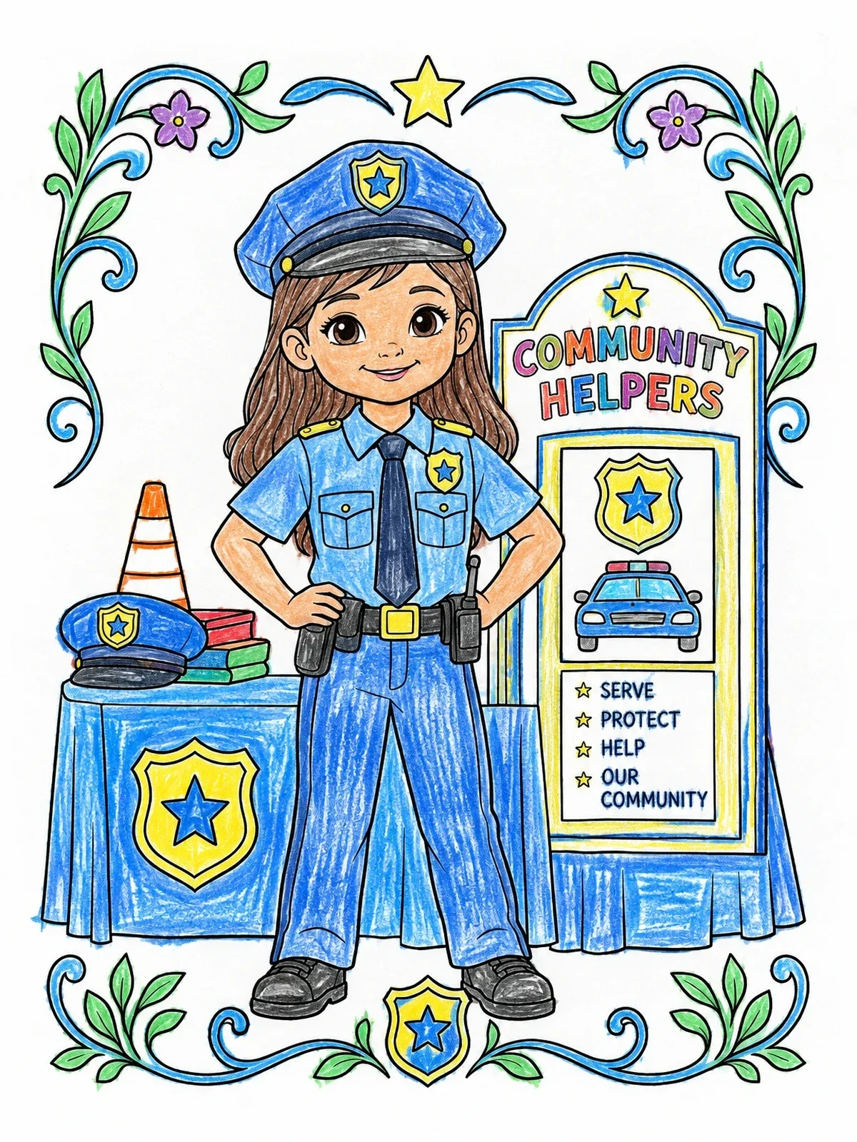 Colored example of the Young Police Officer Community Display coloring page