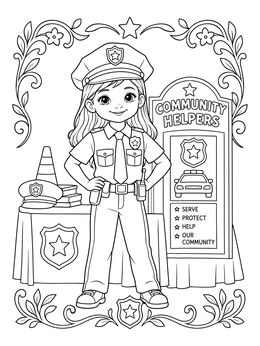 A smiling young girl in a police uniform on this career coloring page beside a community helpers booth.