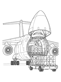 Cargo airplane coloring page showing freight loaded into an open nose door.