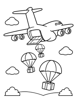 A friendly cargo airplane coloring page dropping supply boxes with parachutes.
