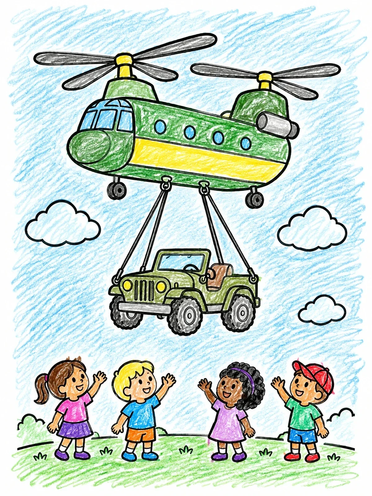 Colored example of the Cargo Helicopter Lifting An Off Road Vehicle coloring page