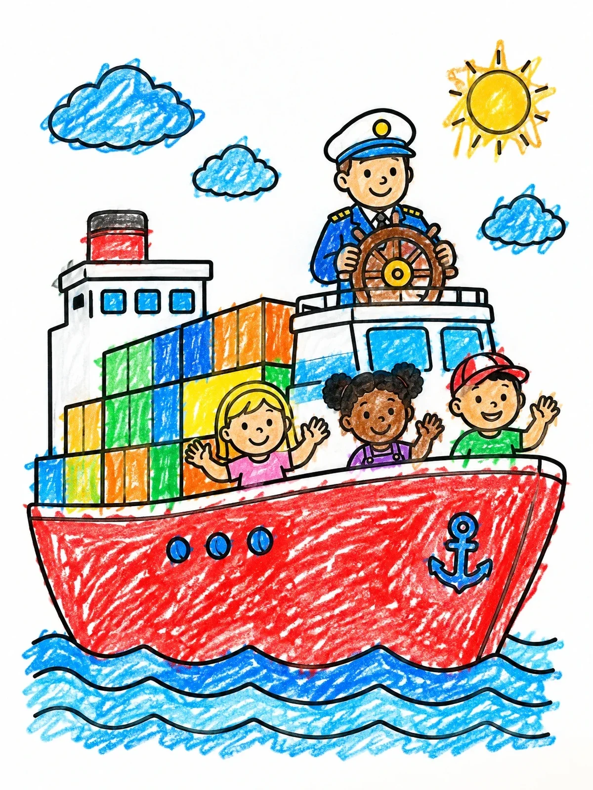 Colored example of the Ship Captain And Cheerful Kids On Deck coloring page