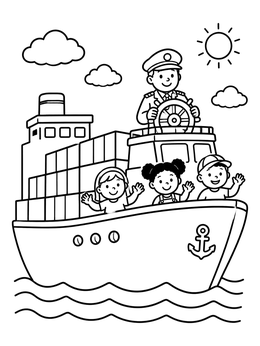 Free printable Ship Captain And Cheerful Kids On Deck coloring page