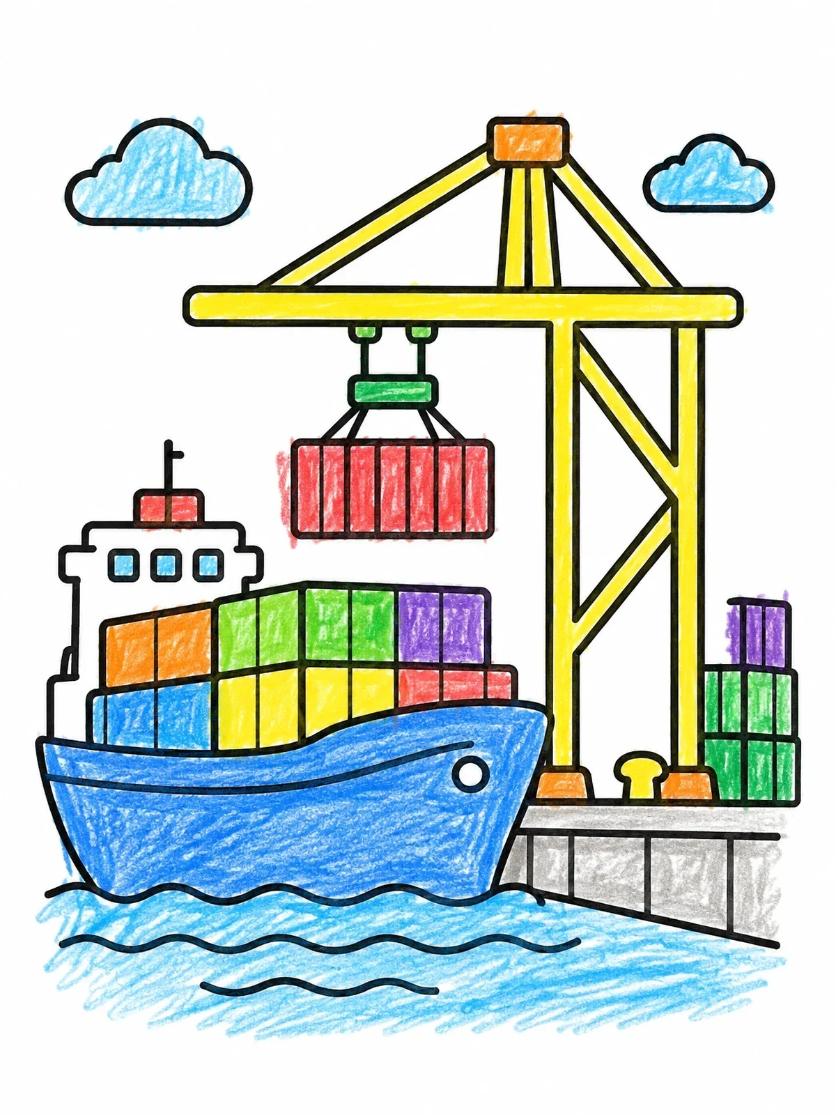 Colored example of the Cargo Ship At Port Crane coloring page