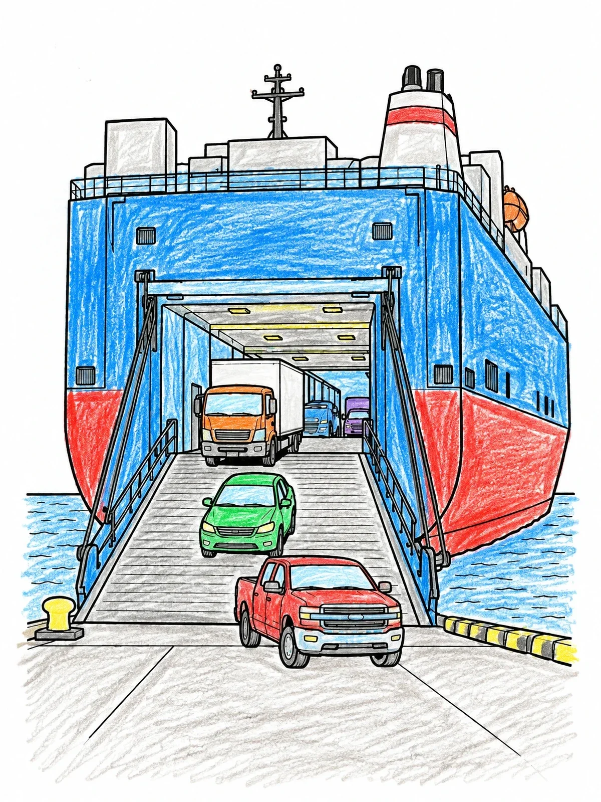 Colored example of the Vehicle Carrier Ship Unloading Cars coloring page