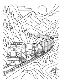 A detailed train coloring page of a diesel freight train winding through a scenic mountain valley.