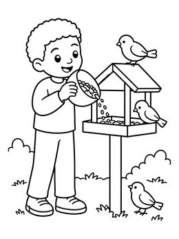 Free printable Boy Feeding Garden Birds coloring page